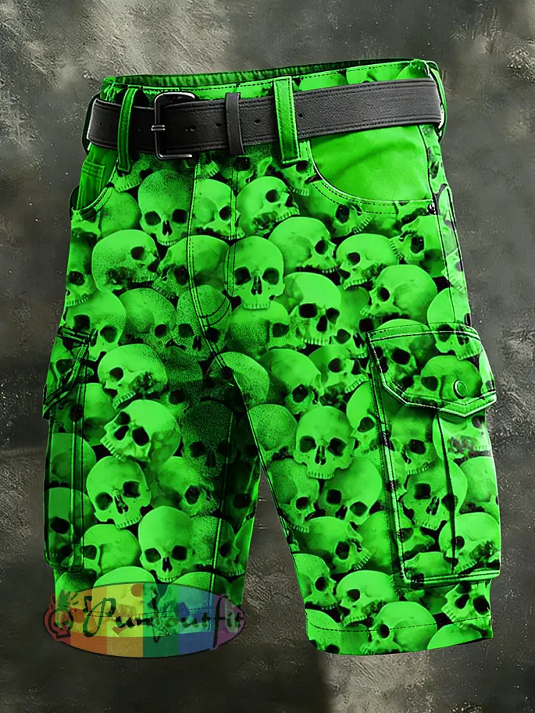 Men’s Retro Vacation Business Psychedelic Skull Art Print Casual Shorts