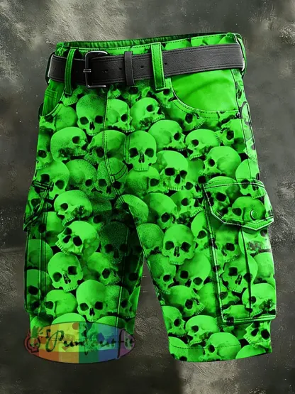 Men’s Retro Vacation Business Psychedelic Skull Art Print Casual Shorts