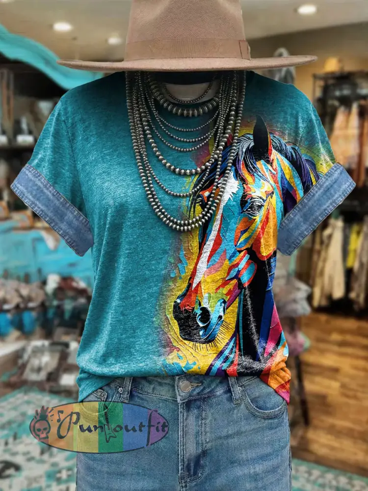 Women’s Vintage Western Horse Leopard Patchwork Print Short Sleeve T-shirt