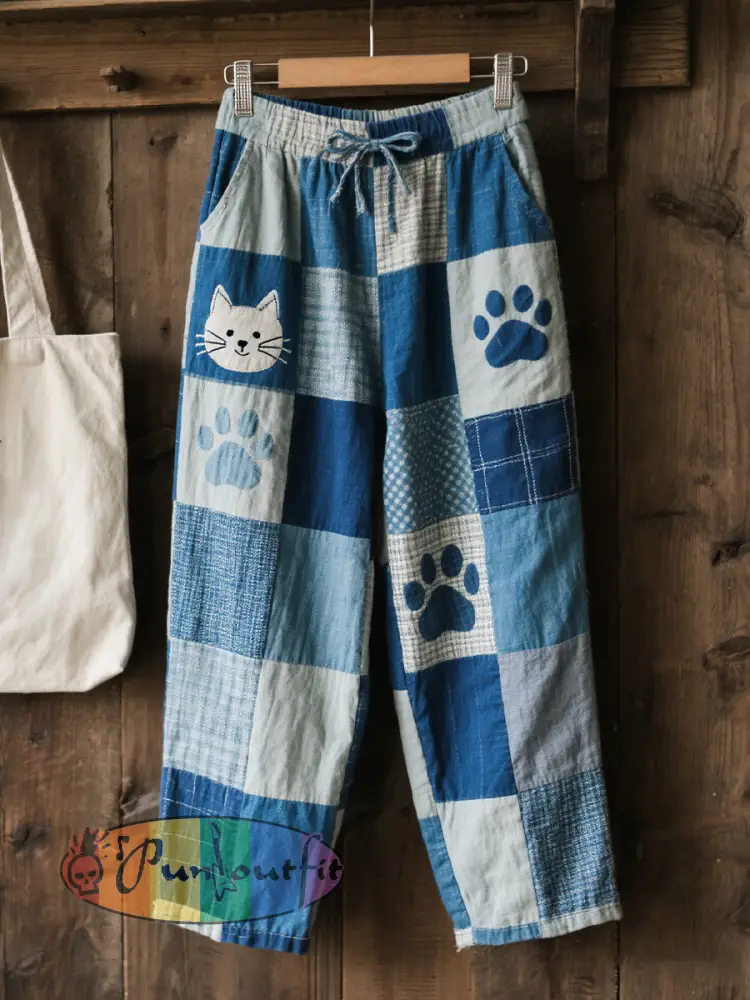 Women’s Lovely Cat Pattern Patchwork Art Linen Pants