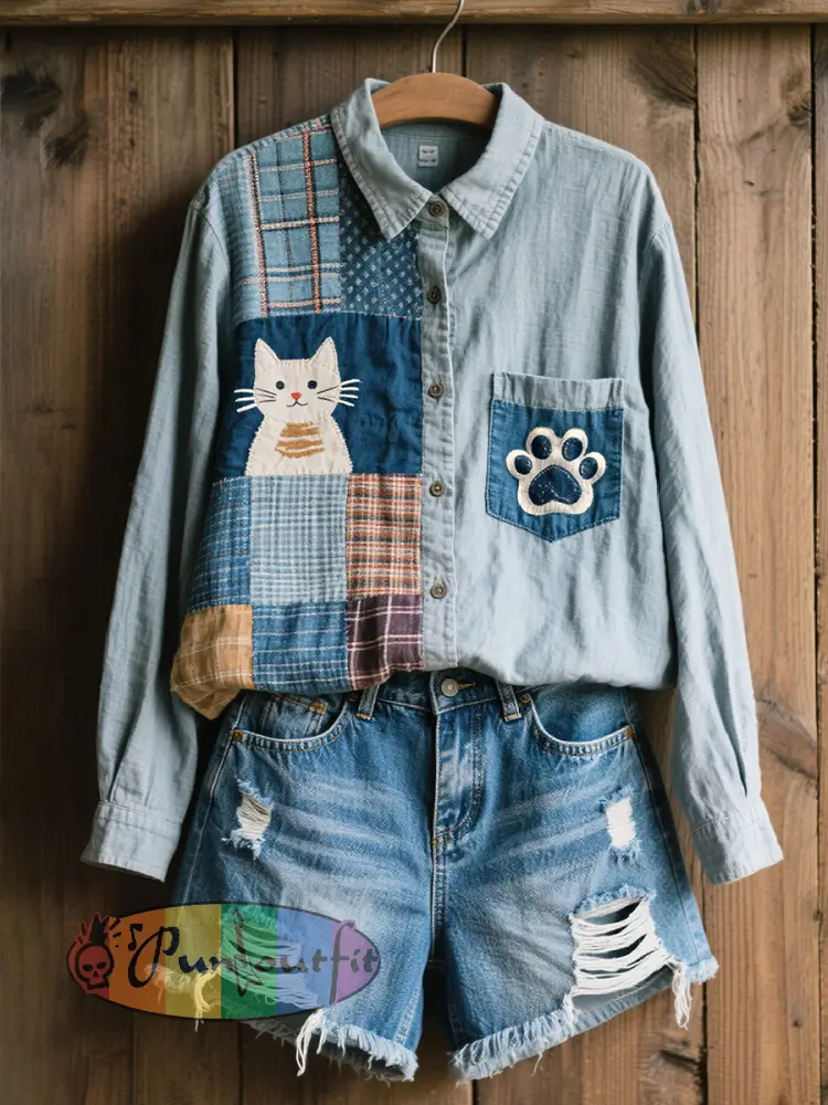 Women’s Lovely Cat Pattern Patchwork Art Linen Blend Shirt