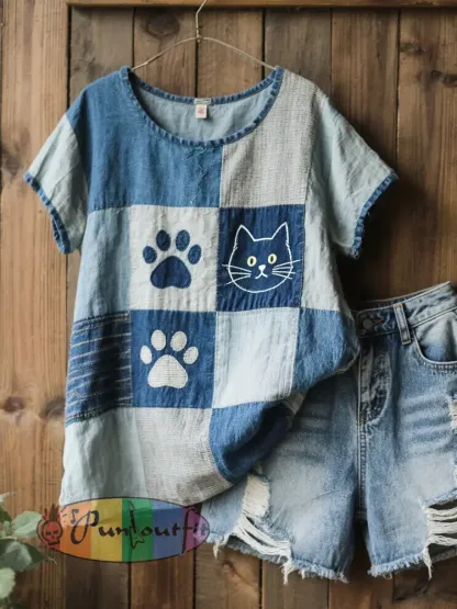 Women’s Lovely Cat Pattern Patchwork Art Linen Blend Shirt
