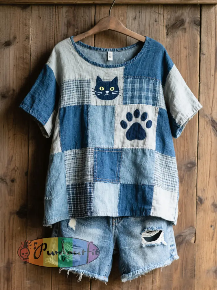 Women’s Lovely Cat Pattern Patchwork Art Linen Blend Shirt