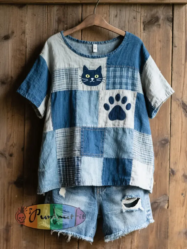 Women’s Lovely Cat Pattern Patchwork Art Linen Blend Shirt