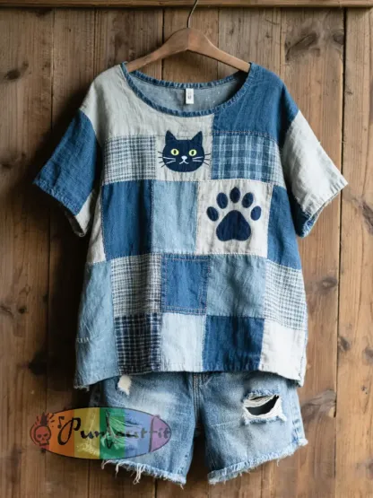Women’s Lovely Cat Pattern Patchwork Art Linen Blend Shirt