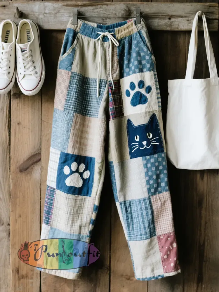 Women’s Lovely Cat Pattern Patchwork Art Linen Blend Pants