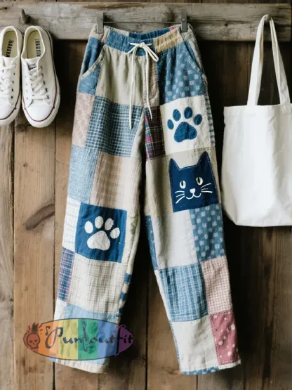 Women’s Lovely Cat Pattern Patchwork Art Linen Blend Pants