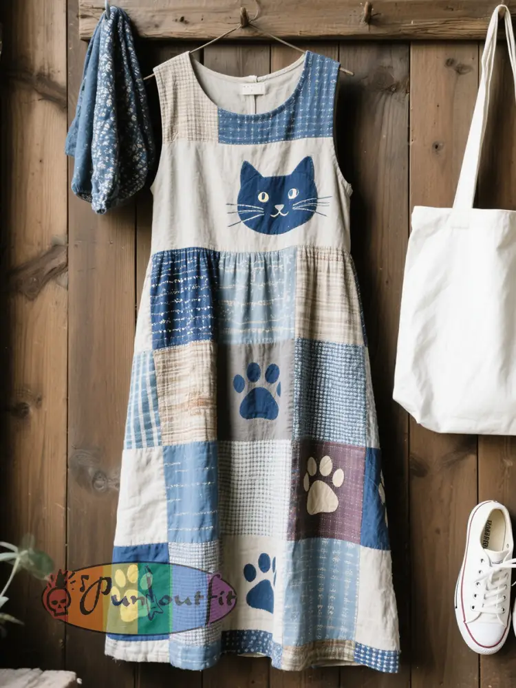 Women’s Lovely Cat Pattern Patchwork Art Linen Blend Dress