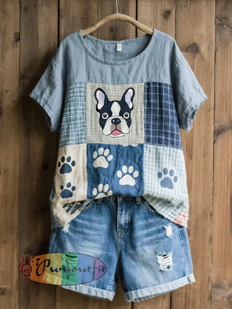 Women’s Lovely French Bulldog Pattern Patchwork Art Linen Blend Shirt