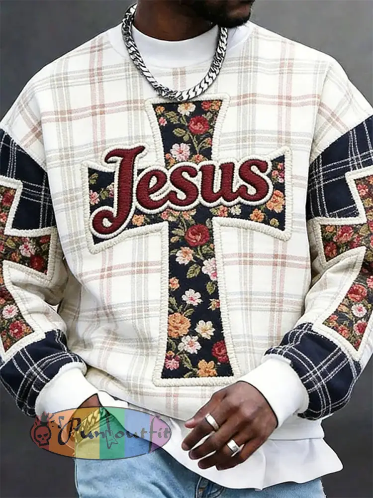 Men’s Jesus Patchwork Flowers Crew Neck Sweatshirt