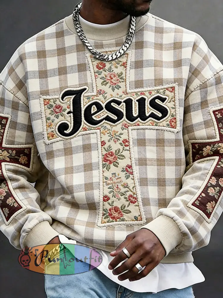 Men’s Jesus Patchwork Flowers Crew Neck Sweatshirt