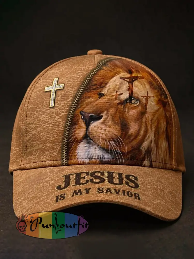 Unisex Jesus Is My Savior Lion Print Hat - Khaki · ONE