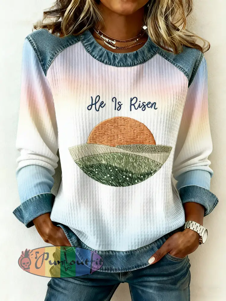 Women’s He Is Risen Christian Faith Print Easter Denim Patchwork Top