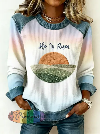 Women’s He Is Risen Christian Faith Print Easter Denim Patchwork Top
