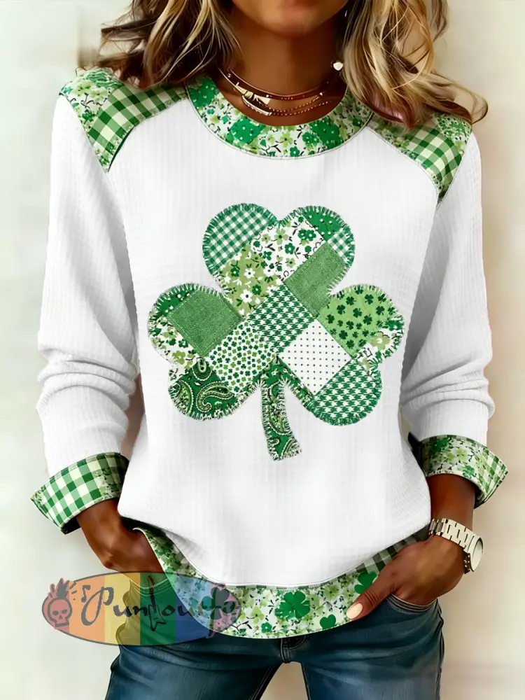 Women’s St. Patrick’s Day Floral Shamrock Print Casual Waffle Sweatshirt