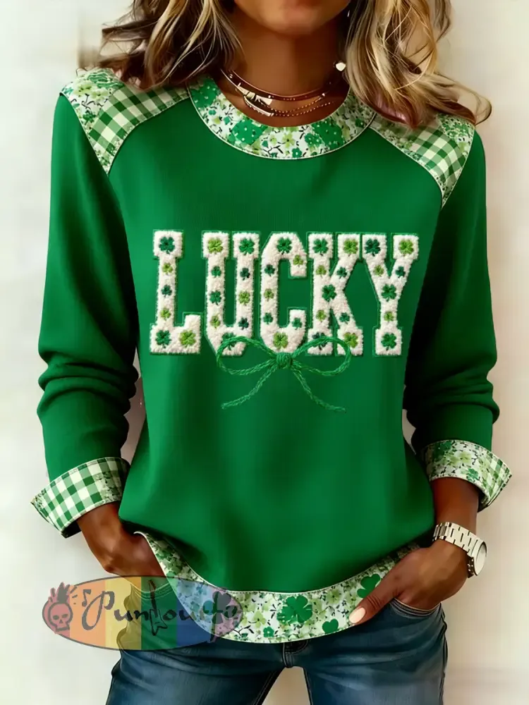 Women’s St. Patrick’s Day Lucky Shamrocks Print Casual Waffle Sweatshirt