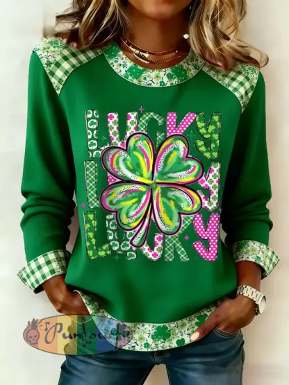 Women’s St. Patrick’s Day Lucky Shamrock Print Casual Waffle Sweatshirt
