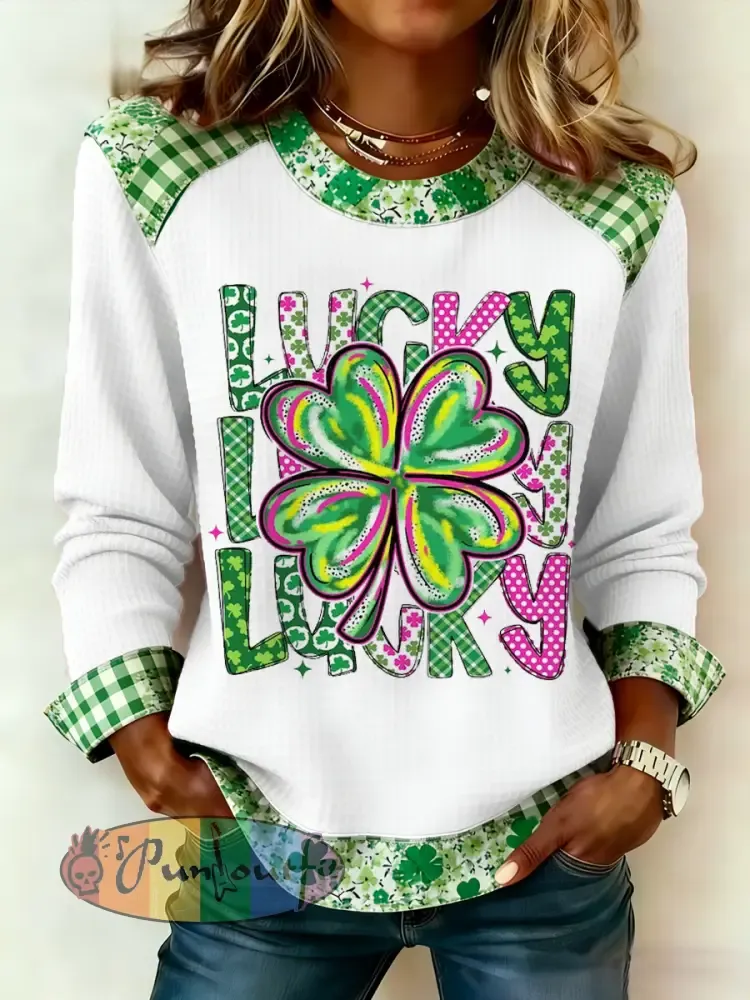 Women’s St. Patrick’s Day Lucky Shamrock Print Casual Waffle Sweatshirt