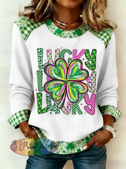 Women’s St. Patrick’s Day Lucky Shamrock Print Casual Waffle Sweatshirt