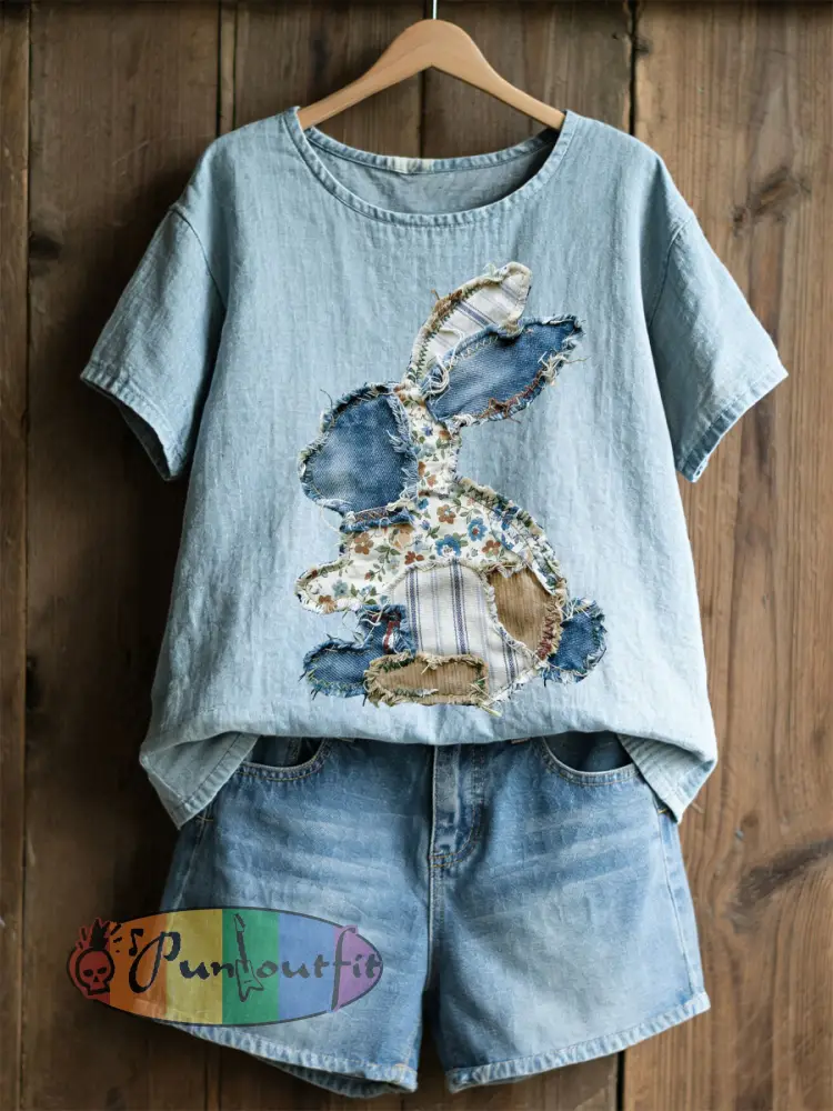 Women’s Rabbit Patchwork Art Print Casual Top