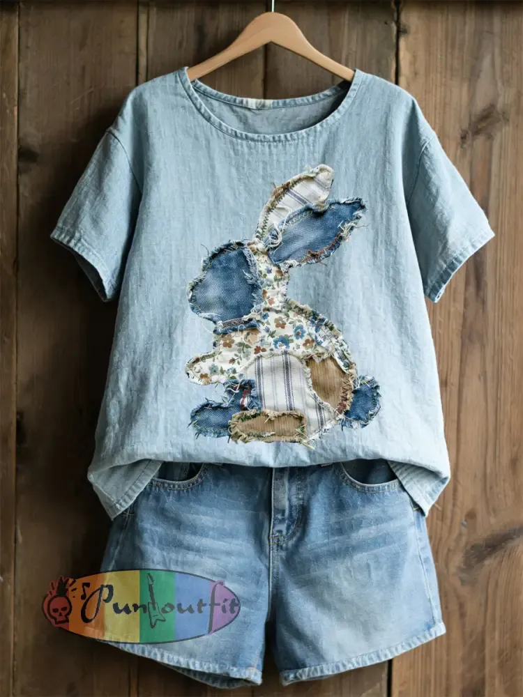 Women’s Rabbit Patchwork Art Print Casual Top