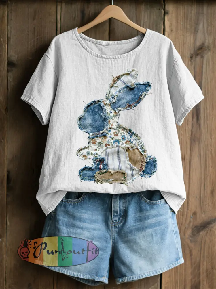 Women’s Rabbit Patchwork Art Print Casual Top