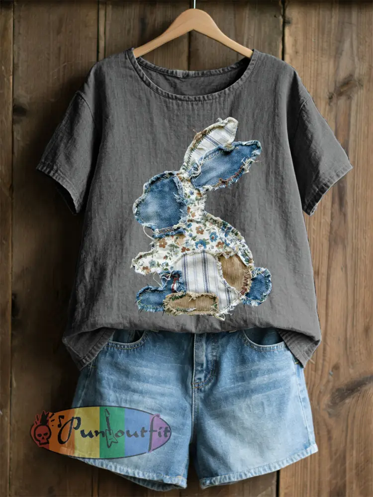 Women’s Rabbit Patchwork Art Print Casual Top