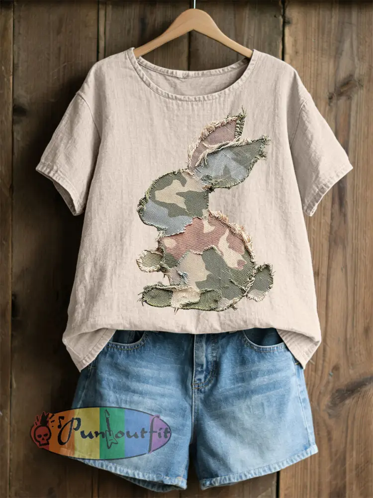 Women’s Rabbit Patchwork Art Print Casual Top