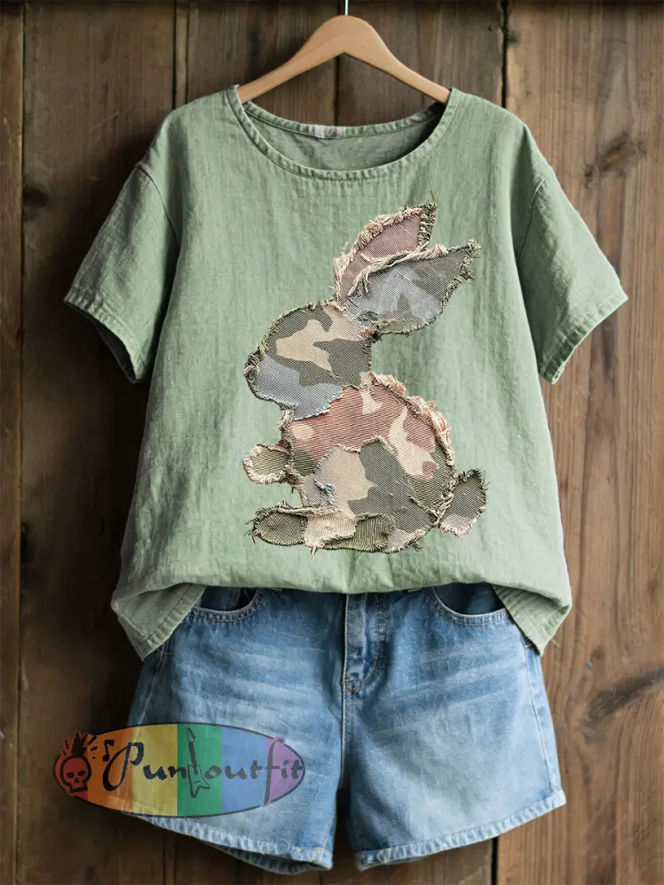 Women’s Rabbit Patchwork Art Print Casual Top