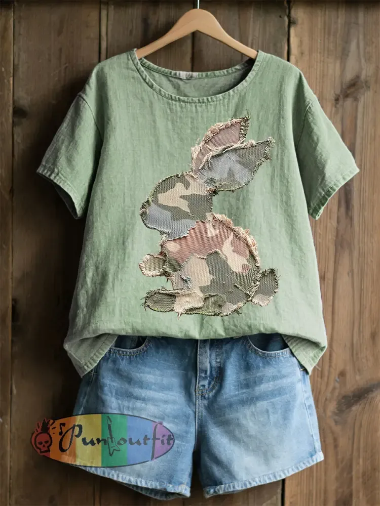 Women’s Rabbit Patchwork Art Print Casual Top