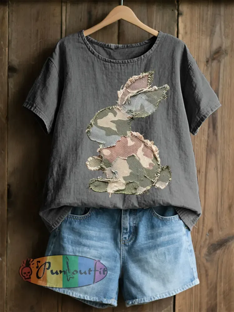 Women’s Rabbit Patchwork Art Print Casual Top