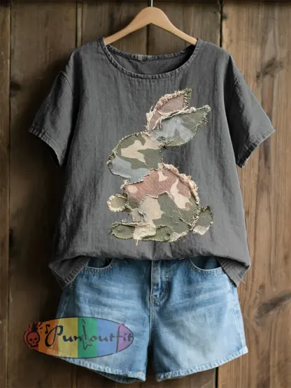 Women’s Rabbit Patchwork Art Print Casual Top