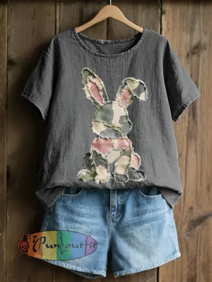 Women’s Rabbit Patchwork Art Print Casual Top