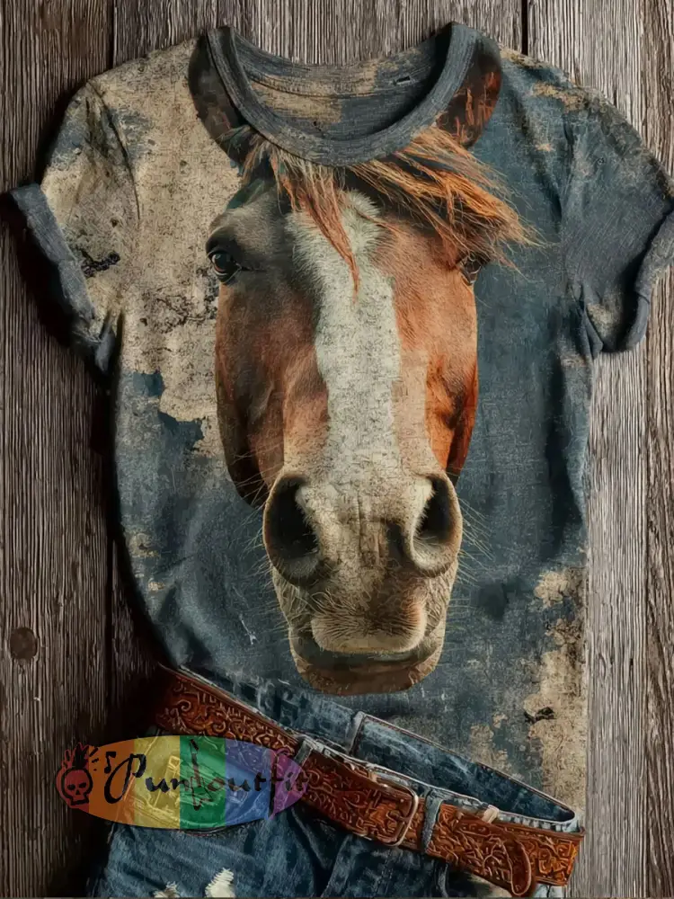 Women’s Vintage Horse Art Print Casual Short Sleeve T-shirt