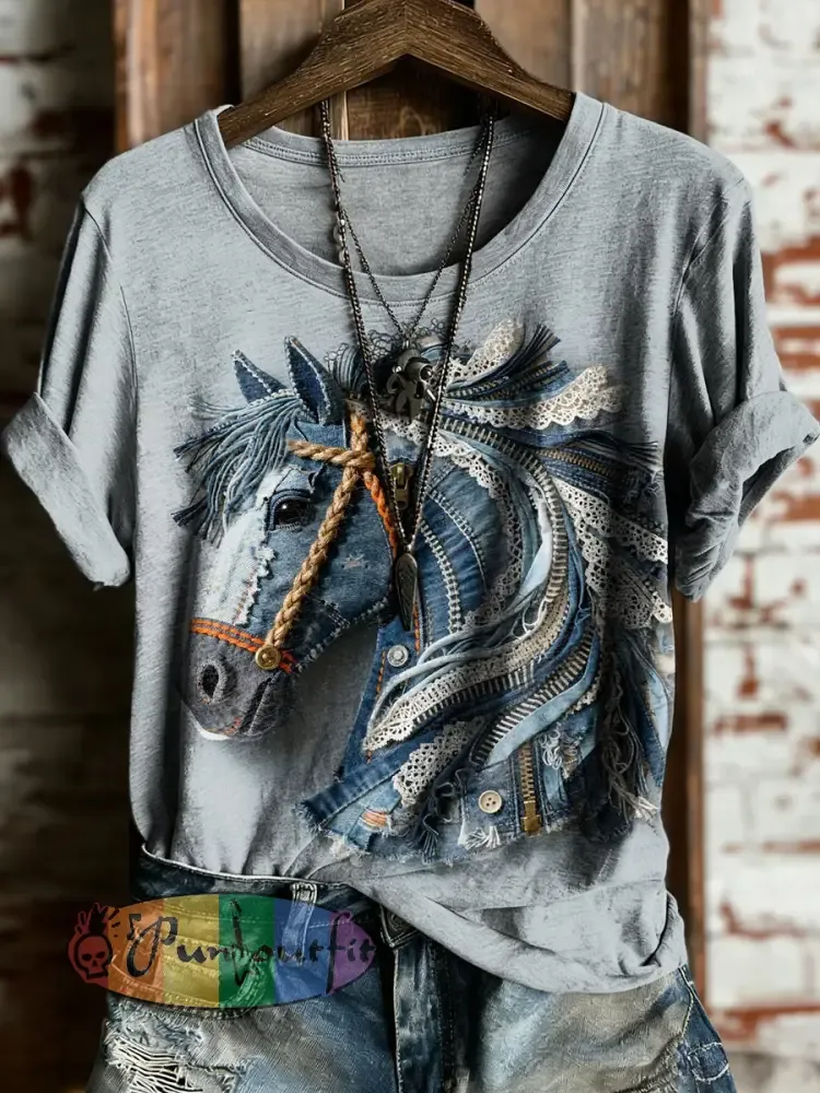 Women’s Vintage Horse Art Print Casual Short Sleeve T-shirt