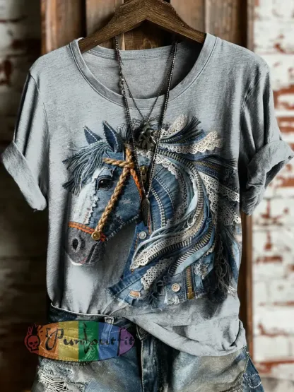 Women’s Vintage Horse Art Print Casual Short Sleeve T-shirt