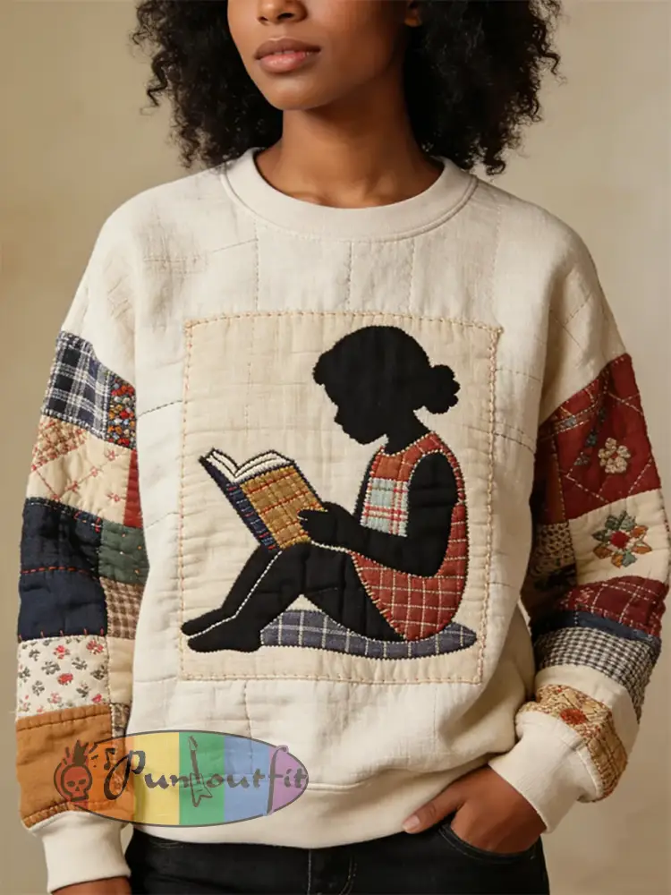 Women’s Retro Africa Reading Patchwork Print Regular Sweatshirt