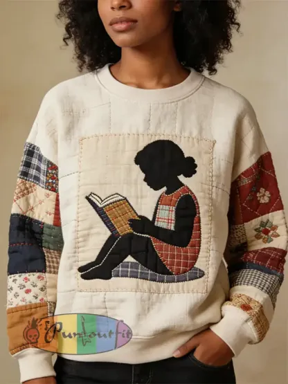 Women’s Retro Africa Reading Patchwork Print Regular Sweatshirt