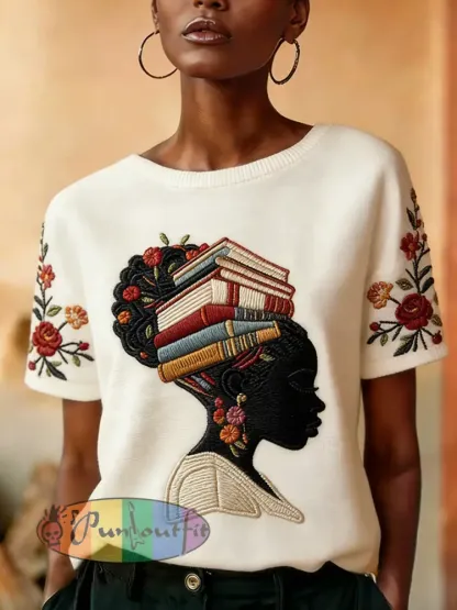 Women’s Retro African Reading Texture Print short-sleeved imitation sweater