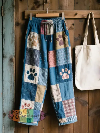 Women’s Lovely Animal Paw Pattern Patchwork Art Linen Pants