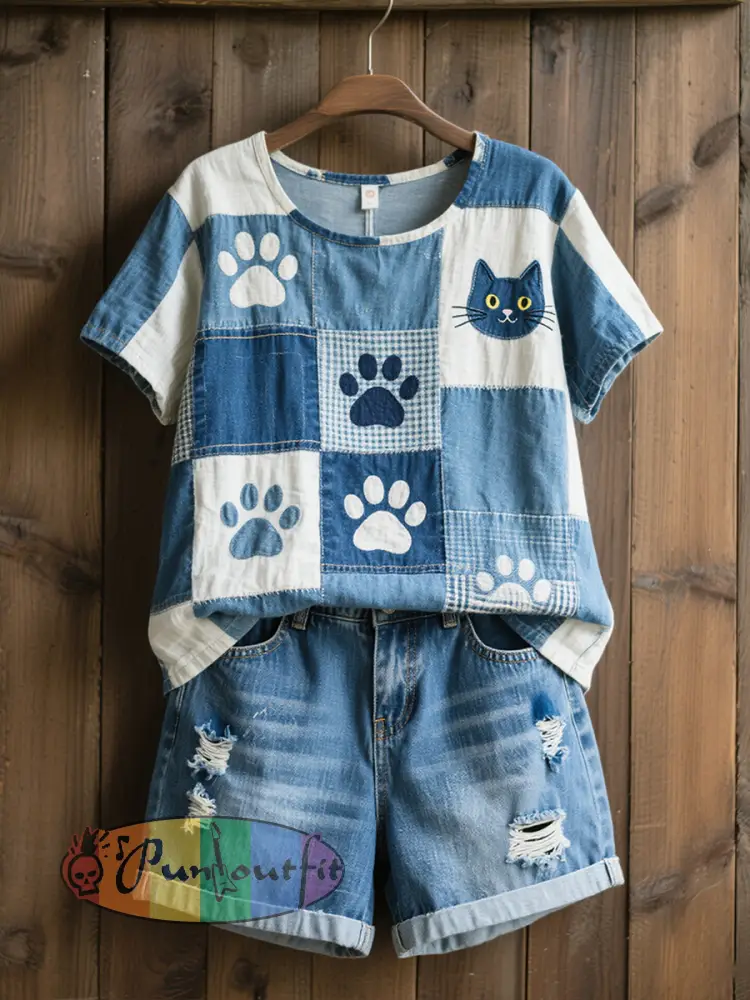Women’s Lovely Cat Pattern Patchwork Art Linen Shirt