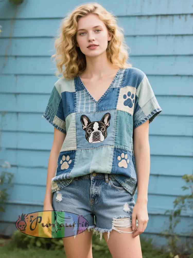 Women’s Lovely French Bulldog Pattern Patchwork Art Linen Shirt