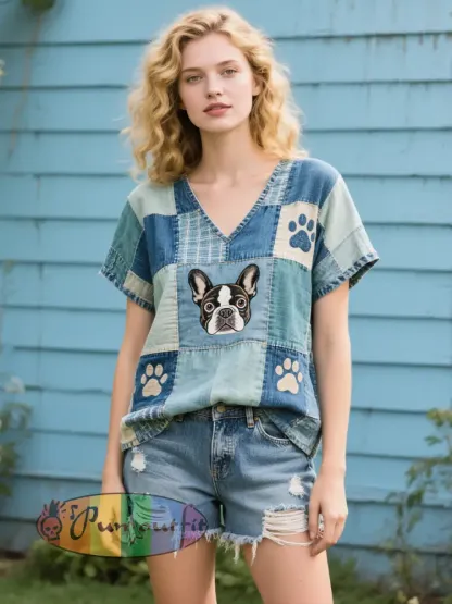 Women’s Lovely French Bulldog Pattern Patchwork Art Linen Shirt
