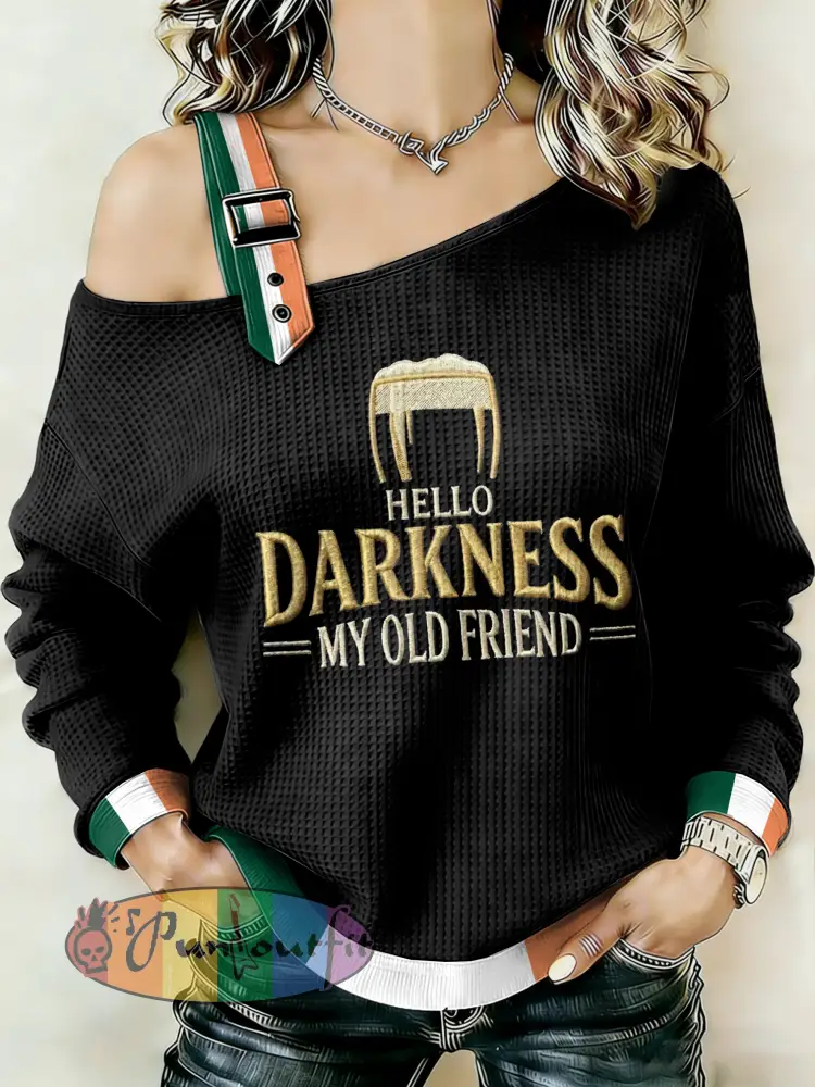 Women’s Hello Darkness My Old Friend Patchwork Print Off-Shoulder Sweatshirt