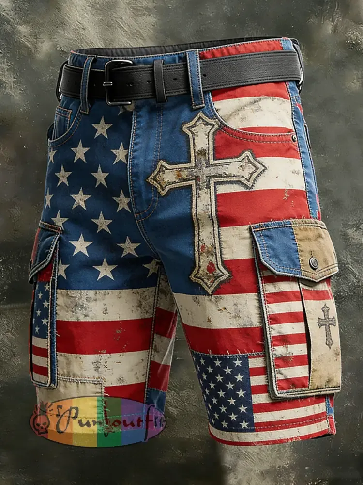 Men’s Retro Vacation Business Art American Faith Print Casual Shorts