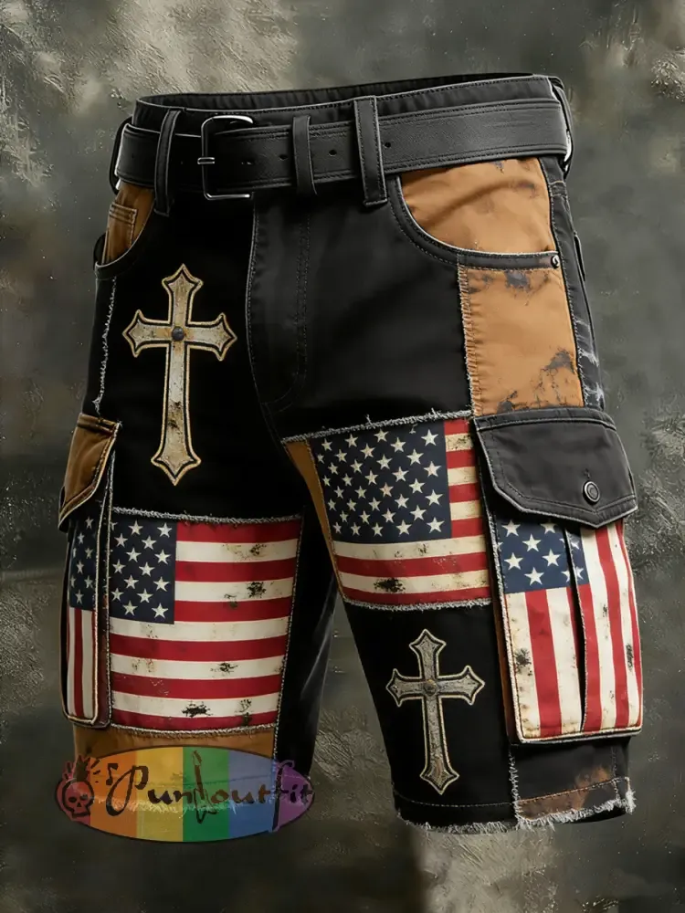 Men’s Retro Vacation Business Art American Faith Print Casual Shorts