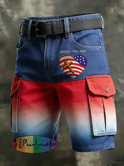 Men’s Retro Vacation Business Art American Faith Print Casual Shorts