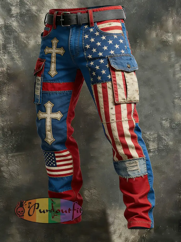 Men’s Retro Vacation Business Art American Faith Print Casual Workwear Trousers