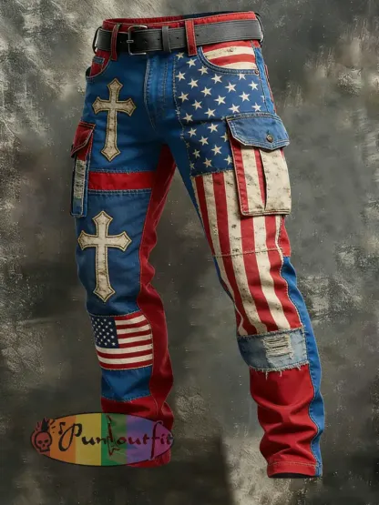 Men’s Retro Vacation Business Art American Faith Print Casual Workwear Trousers