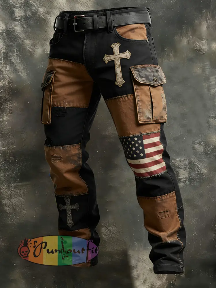 Men’s Retro Vacation Business Art American Faith Print Casual Workwear Trousers
